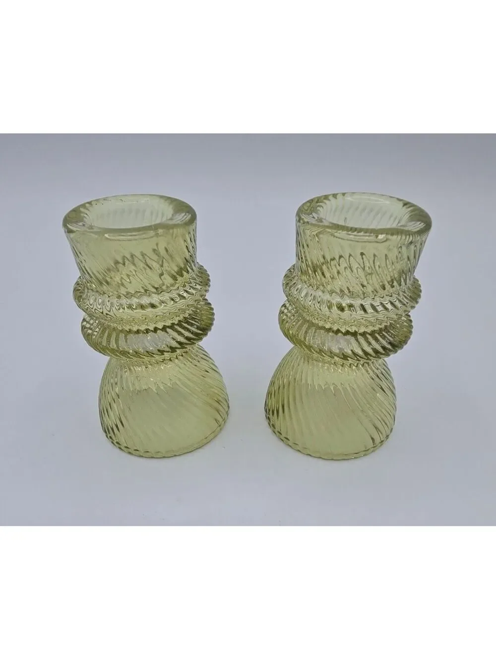 Vintage Green Glass Reversible Candle Holders Pair Spiral Ribbed 3
